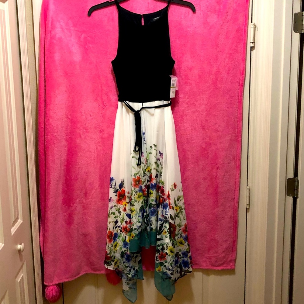 Ignite evenings dress black halter top and floral bottom size 14